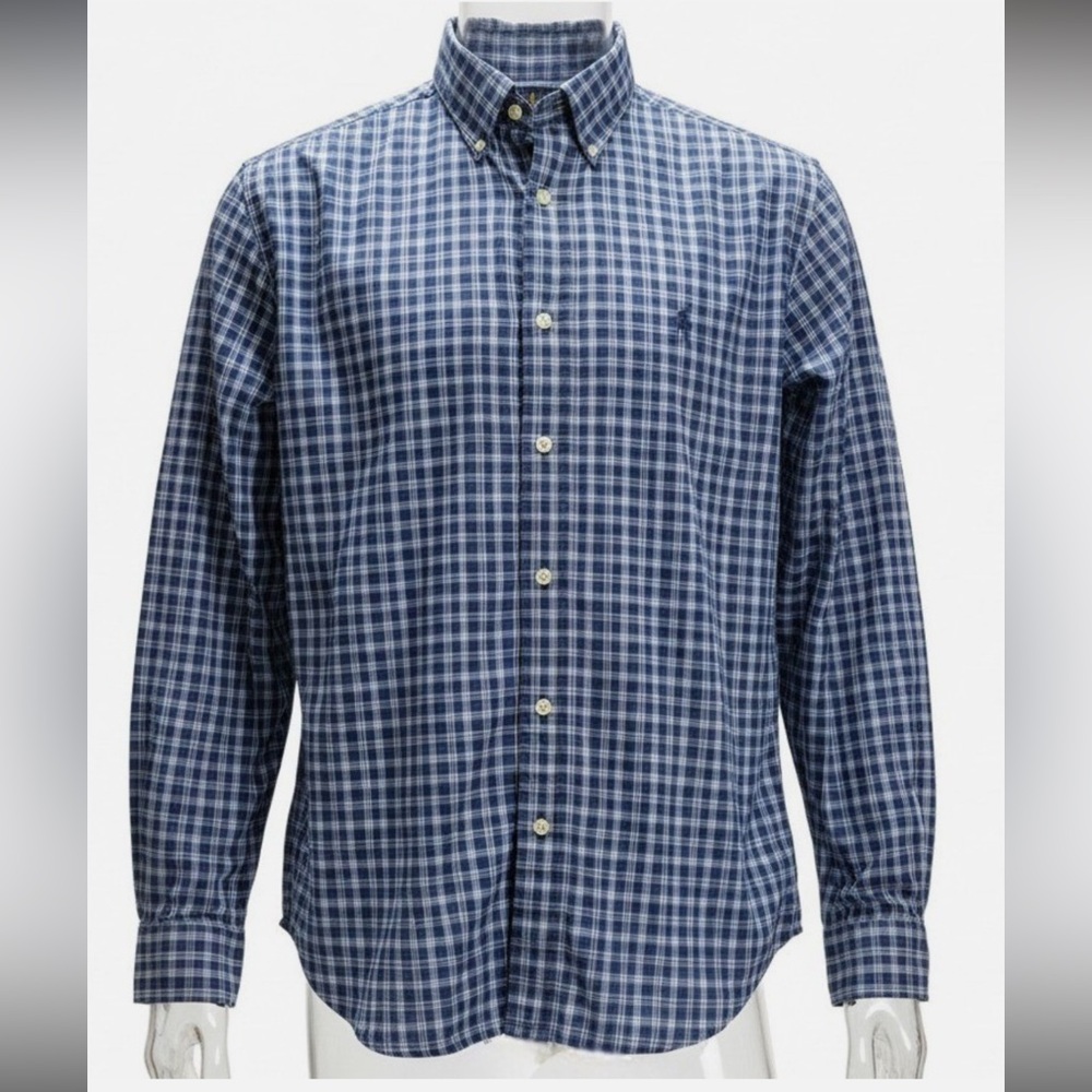Ralph Lauren Navy Plaid Men’s Button Down Shirt Size Large